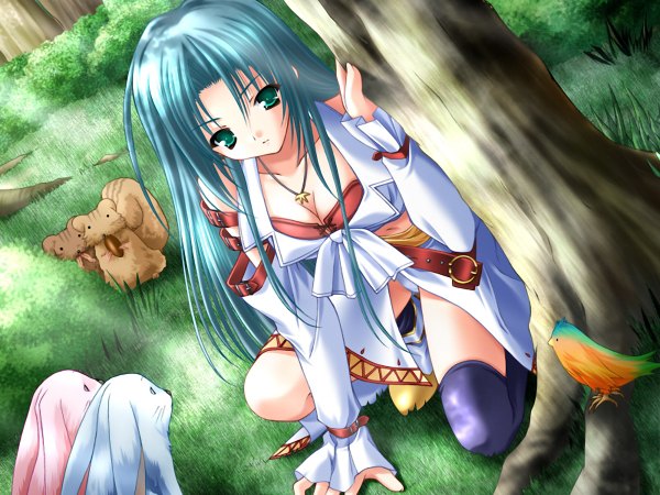 Anime picture 1200x900 with light erotic green eyes game cg green hair girl plant (plants) animal tree (trees) bird (birds) bunny