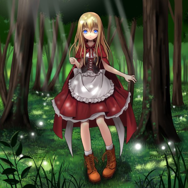 Anime picture 1500x1500 with little red riding hood little red riding hood (character) setona (daice) single long hair blue eyes blonde hair girl plant (plants) tree (trees) apron forest