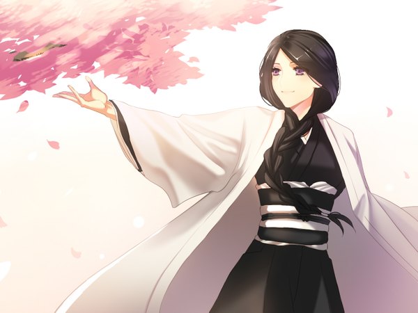 Anime picture 1400x1050 with bleach studio pierrot unohana retsu ktsis single long hair fringe black hair smile purple eyes braid (braids) cherry blossoms happy girl plant (plants) petals tree (trees)