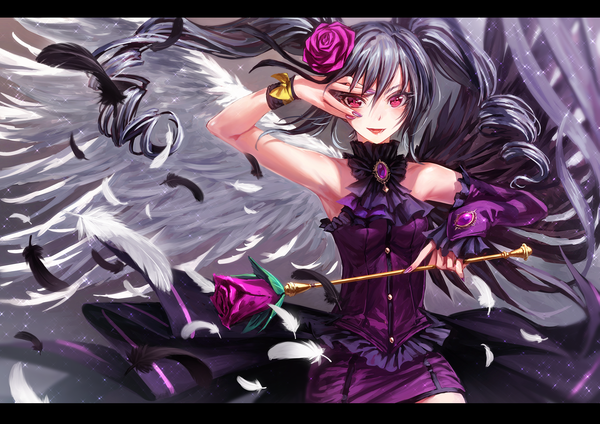 Anime picture 2047x1447 with idolmaster idolmaster cinderella girls kanzaki ranko lain (rinlain) single long hair looking at viewer highres red eyes twintails hair flower grey hair drill hair letterboxed rosenburg engel girl dress flower (flowers) wings feather (feathers)
