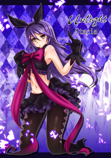 Anime picture 3507x4960 with unlight stacia (unlight) cuizilan single long hair tall image looking at viewer blush highres absurdres purple hair girl thighhighs skirt gloves navel black thighhighs