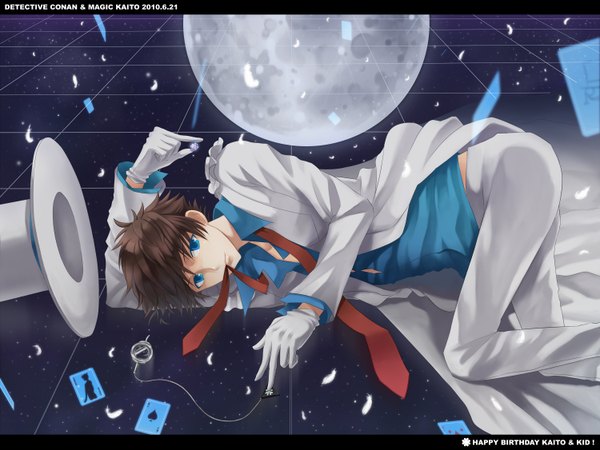 Anime picture 1500x1125 with detective conan magic kaito kaito kid sun (plus20p) short hair brown hair purple eyes lying night mouth hold boy gloves hat necktie moon pants cloak suit card (cards) tiles
