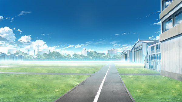 Anime picture 2560x1440 with grisaia no kajitsu highres wide image game cg sky cloud (clouds) no people landscape plant (plants) tree (trees) road