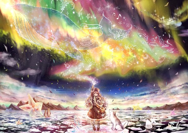 Anime picture 3720x2631 with original oekaki musume (qpixiv) akabane (zebrasmise) single long hair highres absurdres sky night magic snow music aurora borealis girl hat animal water star (symbol) star (stars) dog