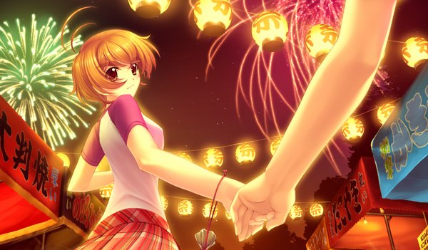 Anime picture 1024x600 with kimi ga ita kisetsu short hair red eyes wide image game cg orange hair fireworks girl