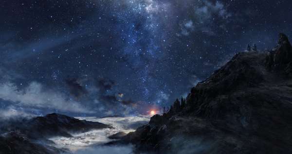 Anime picture 1750x925 with original iy (tsujiki) highres wide image sitting sky cloud (clouds) outdoors from behind night arm support night sky horizon landscape scenic rock star (stars) planet people