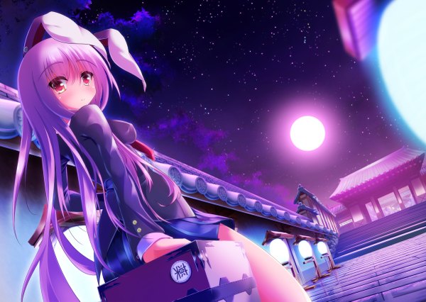 Anime picture 1200x853 with touhou reisen udongein inaba toine hoko single long hair blush red eyes animal ears sky purple hair cloud (clouds) night bunny ears bunny girl girl skirt moon