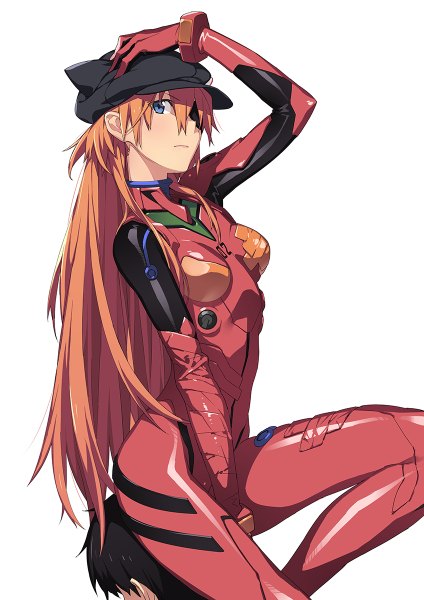 Anime picture 848x1200 with neon genesis evangelion rebuild of evangelion evangelion: 3.0 you can (not) redo gainax soryu asuka langley ikari shinji tatsuwo long hair tall image looking at viewer blush short hair blue eyes black hair simple background white background sitting orange hair hand on head girl