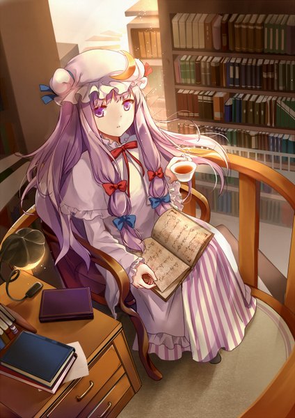 Anime picture 1060x1500 with touhou patchouli knowledge kita (kitairoha) single long hair tall image looking at viewer blush fringe sitting purple eyes purple hair indoors from above sunlight floating hair glow dust reading girl