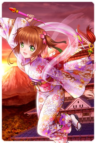 Anime picture 982x1455 with card captor sakura clamp kinomoto sakura mutsuki (moonknives) single tall image looking at viewer short hair open mouth brown hair green eyes traditional clothes japanese clothes two side up girl kimono obi shawl