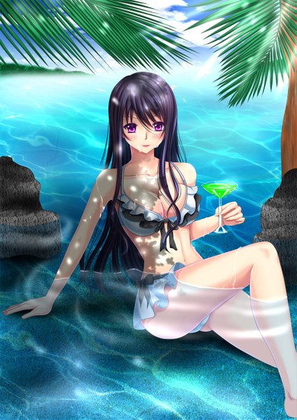 Anime picture 919x1300 with original toshi (1-147) single long hair tall image looking at viewer breasts light erotic black hair purple eyes girl swimsuit plant (plants) bikini tree (trees) water sea drink palm tree