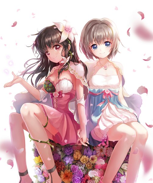 Anime picture 753x900 with original moai (aoh) long hair tall image looking at viewer fringe short hair breasts blue eyes black hair smile white background sitting multiple girls cleavage head tilt pink eyes hair flower grey hair outstretched arm