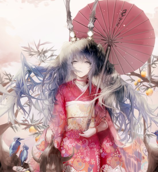 Anime picture 1392x1516 with vocaloid hatsune miku sa'yuki single long hair tall image fringe black hair twintails holding blue hair traditional clothes japanese clothes multicolored hair horn (horns) wide sleeves two-tone hair grey eyes alternate costume floral print