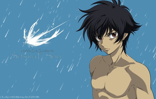 Anime picture 3000x1913 with mobile suit gundam mobile suit gundam 00 sunrise (studio) setsuna f seiei single highres short hair black hair simple background brown eyes topless blue background rain boy