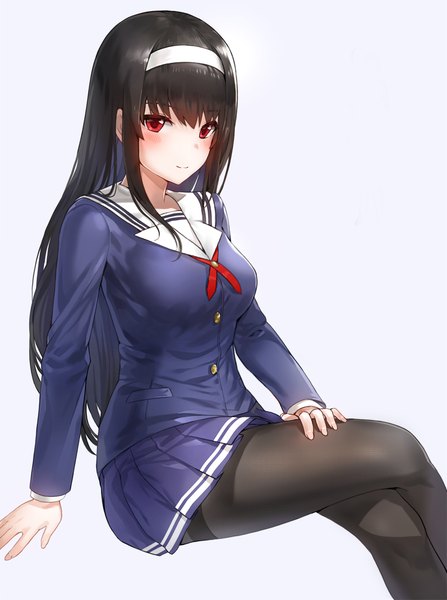 Anime picture 797x1070 with saenai heroine no sodatekata a-1 pictures kasumigaoka utaha kfr single long hair tall image looking at viewer blush fringe black hair simple background smile red eyes sitting long sleeves pleated skirt crossed legs girl skirt