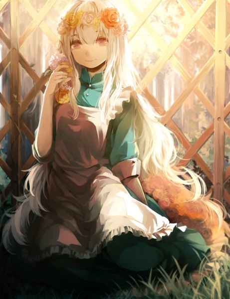 Anime picture 1000x1300 with kagerou project shaft (studio) mary (kagerou project) lemontea single long hair tall image looking at viewer sitting white hair pink eyes hair flower light smile girl dress hair ornament flower (flowers) plant (plants) apron grass
