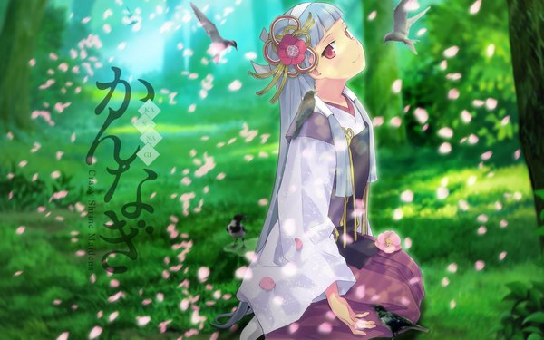 Anime picture 1920x1200 with kannagi nagi (kannagi) highres wide image traditional clothes japanese clothes cherry blossoms animal bird (birds)