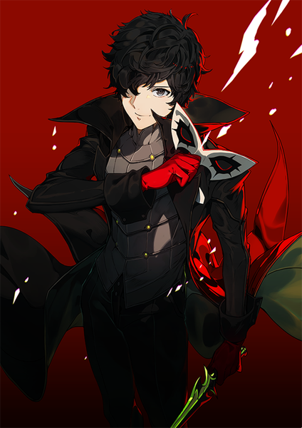 Anime picture 600x849 with persona 5 persona amamiya ren flowerchorus single tall image fringe short hair black hair simple background smile holding from above black eyes hair over one eye looking up red background boy gloves weapon