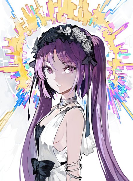 Anime picture 680x922 with fate (series) fate/hollow ataraxia euryale (fate) alchemaniac single long hair tall image looking at viewer standing twintails purple eyes bare shoulders payot purple hair upper body sideboob girl dress white dress lolita hairband