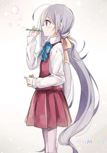 Anime picture 700x1001 with kantai collection kiyoshimo destroyer shijima (sjmr02) single tall image simple background white background signed purple hair ahoge ponytail very long hair profile grey eyes girl ribbon (ribbons) hair ribbon pantyhose bubble (bubbles)
