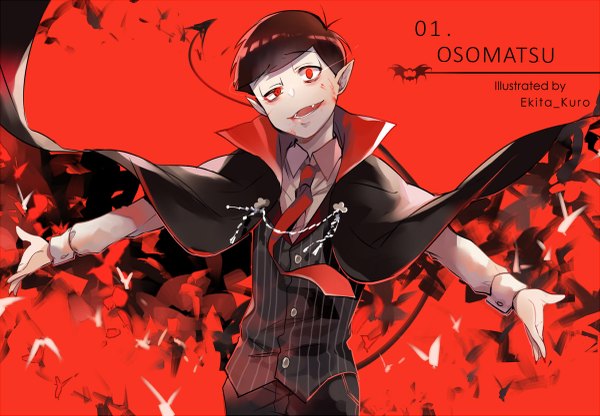 Anime picture 1200x833 with osomatsu-san matsuno osomatsu ekita xuan single looking at viewer short hair open mouth black hair simple background red eyes signed tail pointy ears fang (fangs) character names spread arms red background demon tail blood on face vampire