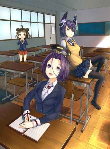 Anime picture 992x1346 with kantai collection tenryuu light cruiser tatsuta light cruiser naka light cruiser e neko (pixiv) tall image open mouth brown hair standing sitting purple eyes multiple girls looking away purple hair ahoge pleated skirt hair bun (hair buns) alternate costume plaid skirt looking up