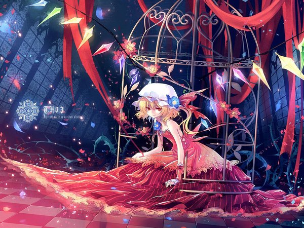 Anime picture 1183x888 with touhou flandre scarlet kieta short hair blonde hair red eyes checkered floor girl dress hat petals wings cage