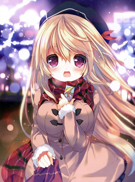 Anime picture 2537x3426 with original p19 single long hair tall image looking at viewer fringe highres breasts blonde hair hair between eyes red eyes large breasts holding outdoors fur trim girl scarf fur beret