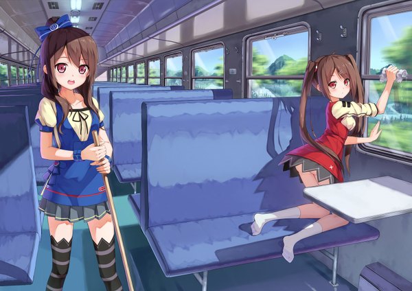 Anime picture 1556x1100 with original hagi (ame hagi) long hair looking at viewer blush red eyes brown hair twintails multiple girls train interior girl thighhighs dress bow 2 girls hair bow socks white socks striped thighhighs