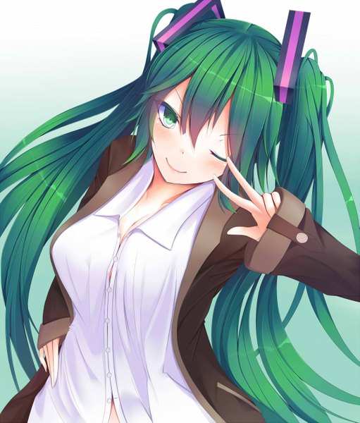 Anime picture 1127x1323 with vocaloid hatsune miku kiseno single long hair tall image looking at viewer blush fringe breasts simple background smile large breasts twintails long sleeves very long hair one eye closed aqua eyes light smile aqua hair