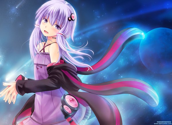 Anime picture 1463x1061 with vocaloid yuzuki yukari namamo nanase single long hair looking at viewer blush purple eyes twintails purple hair inscription open clothes open jacket low twintails hands clasped space girl dress hair ornament jacket