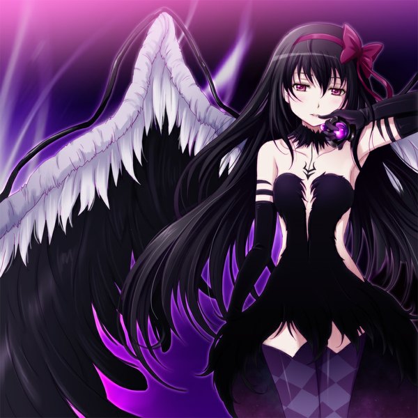 Anime picture 1000x1000 with mahou shoujo madoka magica shaft (studio) akemi homura akuma homura shian (my lonly life.) single long hair looking at viewer black hair bare shoulders pink eyes finger to mouth girl thighhighs dress gloves bow wings elbow gloves hairband