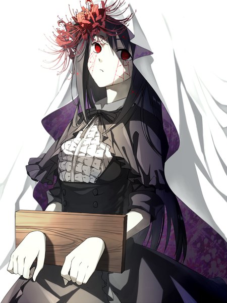 Anime picture 750x1000 with mahou shoujo madoka magica shaft (studio) akemi homura homulilly akami fumio single long hair tall image black hair simple background red eyes white background hair flower shaded face white skin no pupils girl dress flower (flowers) ribbon (ribbons)