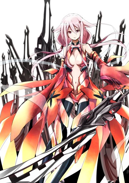 Anime picture 2480x3507 with guilty crown production i.g yuzuriha inori chippucream single long hair tall image looking at viewer highres light erotic white background twintails bare shoulders pink hair cleavage pink eyes bare belly center opening girl thighhighs