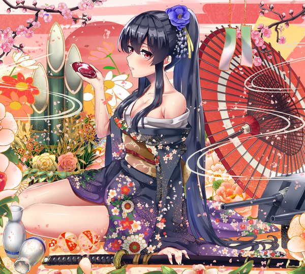 Anime picture 1112x1000 with kantai collection yahagi light cruiser warirui single long hair blush black hair red eyes ponytail traditional clothes japanese clothes hair flower girl flower (flowers) weapon petals sword kimono katana umbrella