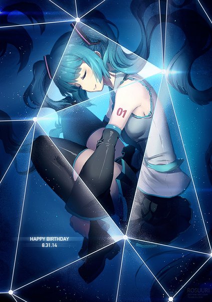 Anime picture 750x1064 with vocaloid hatsune miku rosuuri single tall image fringe smile twintails bare shoulders signed eyes closed very long hair aqua hair happy birthday weightlessness embryo's pose 2014 girl detached sleeves thigh boots