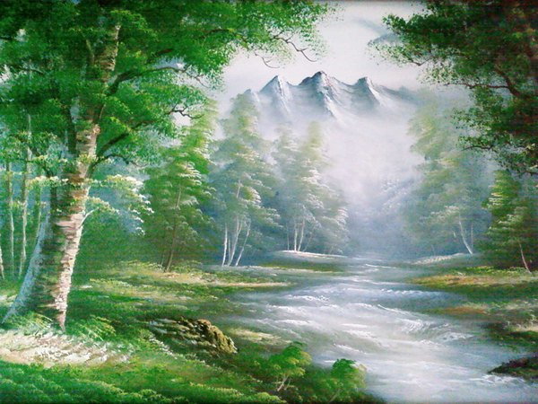 Anime picture 1600x1200 with wallpaper mountain landscape river nature plant (plants) tree (trees) water