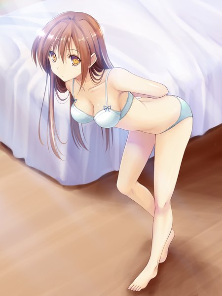 Anime picture 700x933 with original takepon (artist) single long hair tall image breasts light erotic brown hair brown eyes underwear only girl underwear panties lingerie bra white panties white bra