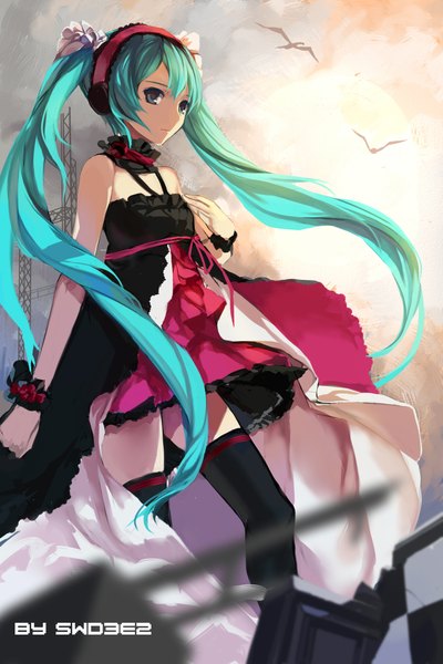 Anime picture 1417x2125 with vocaloid hatsune miku swd3e2 single tall image fringe blue eyes hair between eyes twintails bare shoulders looking away very long hair aqua hair girl thighhighs dress black thighhighs animal frills headphones