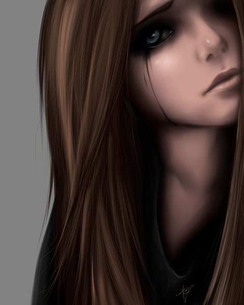 Anime picture 2000x2500 with zackargunov single long hair tall image highres simple background brown hair lips black eyes dark background face girl