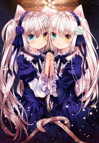 Anime picture 700x1013 with original nogi takayoshi long hair tall image looking at viewer blush fringe blue eyes hair between eyes twintails multiple girls animal ears yellow eyes payot silver hair tail parted lips animal tail hair flower cat ears