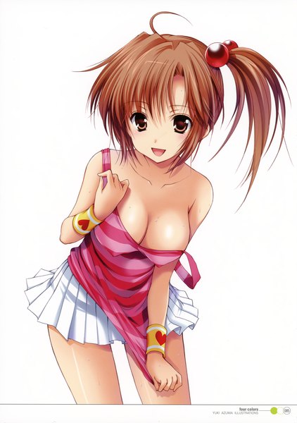 Anime picture 2869x4083 with original azuma yuki tall image highres short hair breasts open mouth light erotic simple background smile brown hair large breasts white background brown eyes ahoge ponytail scan erect nipples side ponytail covered nipples
