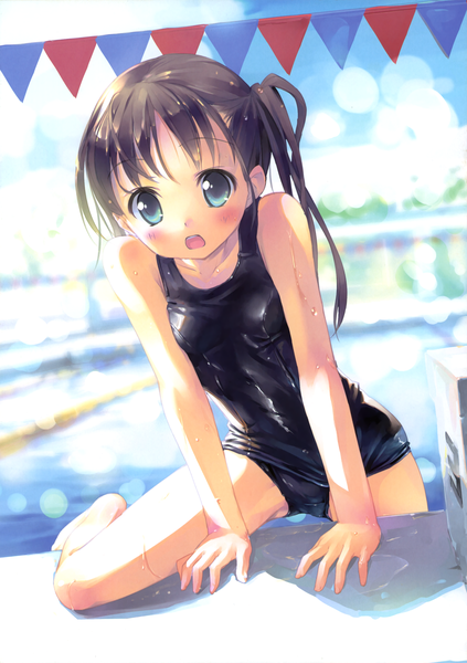 Anime picture 2494x3536 with original takoyaki (roast) long hair tall image blush highres open mouth blue eyes light erotic brown hair scan girl swimsuit water