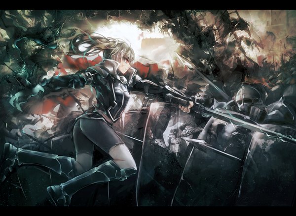 Anime picture 1364x1000 with original pixiv fantasia pixiv fantasia t zen33n long hair red eyes twintails green hair letterboxed scar fantasy battle knight army girl weapon sword boots armor spear