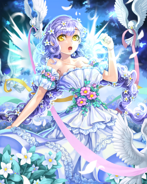Anime picture 700x872 with original bbbox (hotpppink) single long hair tall image looking at viewer fringe open mouth bare shoulders yellow eyes purple hair hair flower girl dress hair ornament flower (flowers) ribbon (ribbons) animal white dress bird (birds)