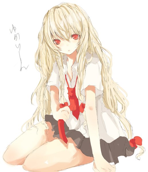 Anime picture 700x812 with touhou yakumo yukari tetsuo single long hair tall image looking at viewer blush fringe simple background blonde hair hair between eyes red eyes white background sitting parted lips alternate costume text open collar girl