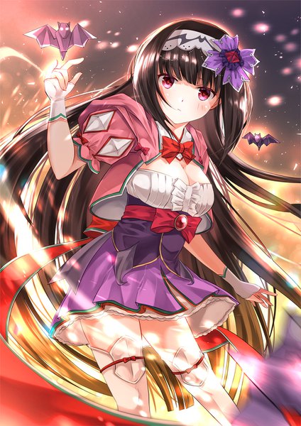 Anime picture 1000x1414 with fate (series) fate/grand order osakabe-hime (fate/grand order) iroha (shiki) single tall image looking at viewer blush fringe breasts black hair large breasts cleavage blunt bangs very long hair pink eyes girl hairband origami