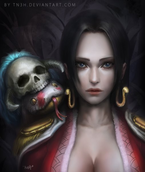 Anime picture 1240x1468 with one piece toei animation boa hancock salome (one piece) tn3h long hair tall image breasts blue eyes black hair signed yellow eyes horn (horns) lips girl earrings animal tongue skull snake