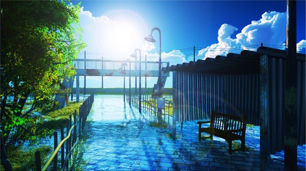 Anime picture 2000x1125 with original y-k highres wide image sky cloud (clouds) landscape scenic plant (plants) tree (trees) water sun