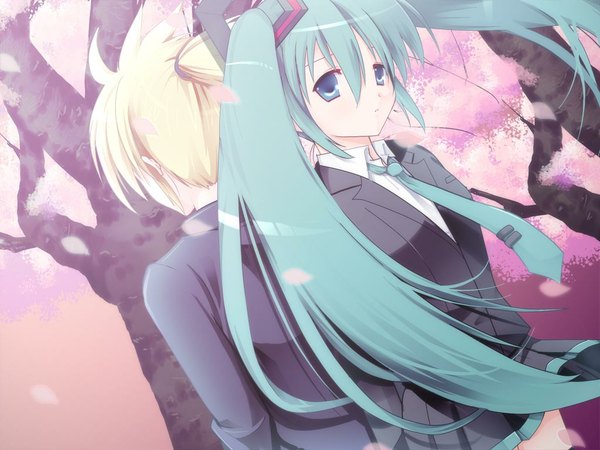 Anime picture 1024x768 with vocaloid hatsune miku kagamine len girl tagme